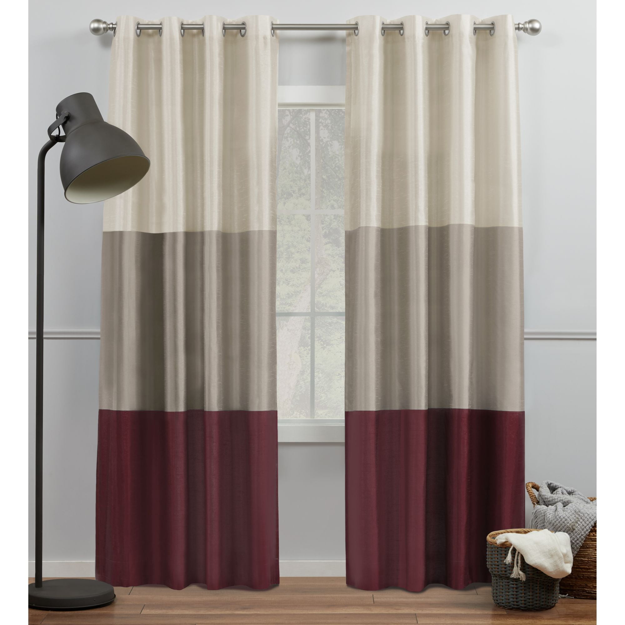 Exclusive Home Curtains Chateau Striped Faux Silk Grommet Top Curtain Panel Pair, 54x108, Burgundy/Taupe