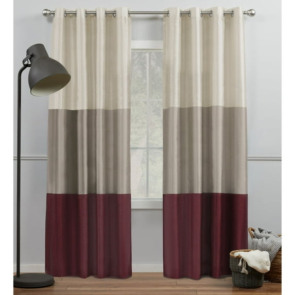 Exclusive Home Curtains Chateau Striped Faux Silk Grommet Top Curtain Panel Pair, 54x108, Burgundy/Taupe