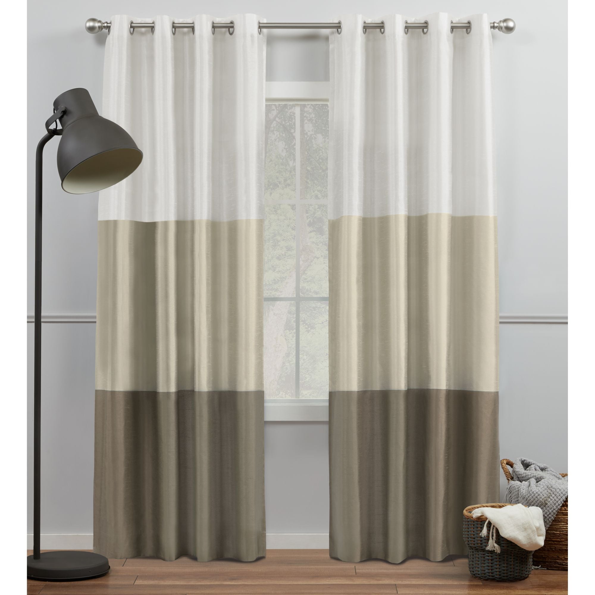 Exclusive Home Curtains Chateau Striped Faux Silk Grommet Top Curtain Panel Pair, 54x96, White/Sand