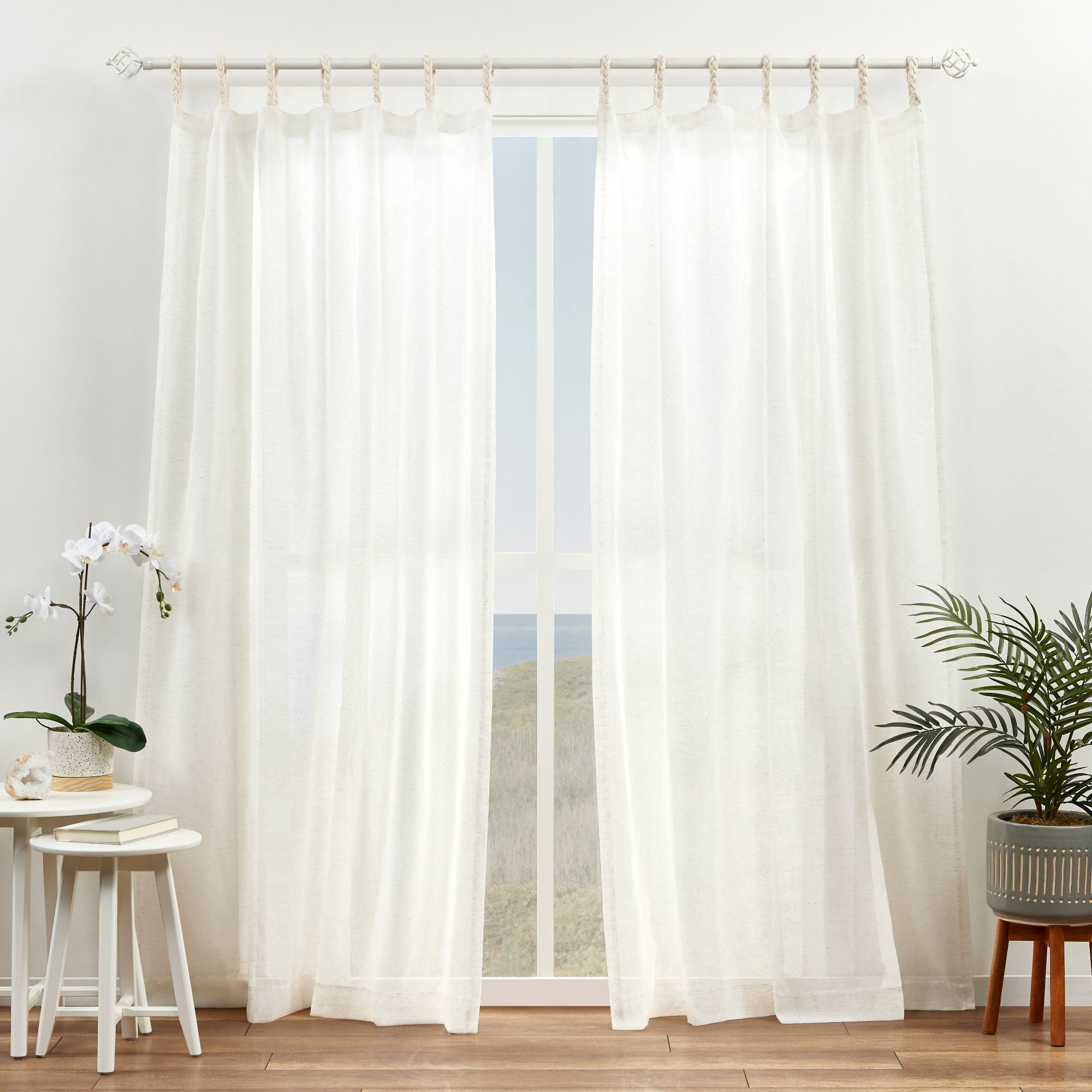 White Sheer Linen-Blend Tab Top Curtain Panels