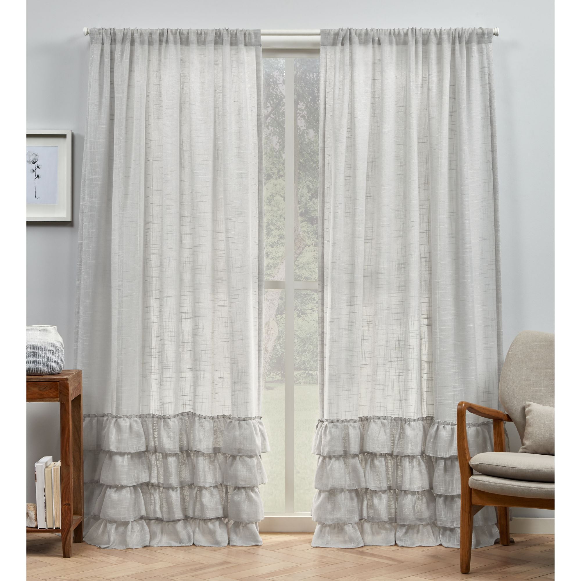 Exclusive Home Curtains Jacinta Bottom Ruffle Sheer Rod Pocket Curtain Panel Pair, 54" x 96", Grey, Set of 2