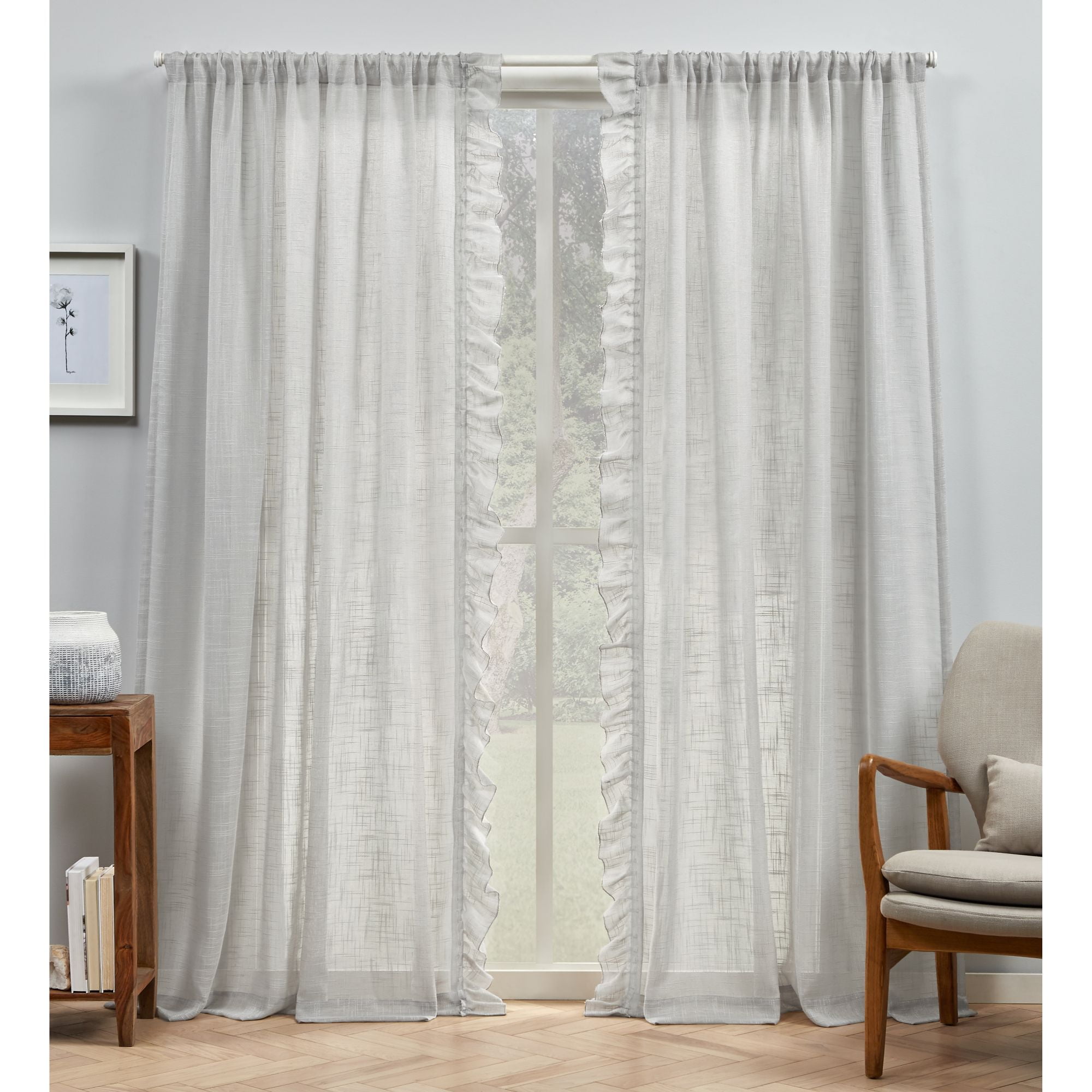 Exclusive Home Curtains Jacinta Flippable Side Ruffle Sheer Rod Pocket Curtain Panel Pair, 54" x 96", Grey, Set of 2