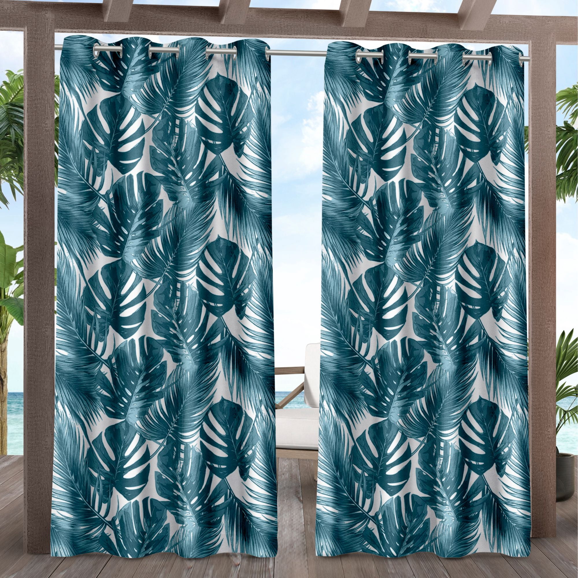 Exclusive Home Curtains Jamaica Palm Indoor/Outdoor Light Filtering Grommet Top Curtain Panel Pair, 54x96, Blue, Set of 2