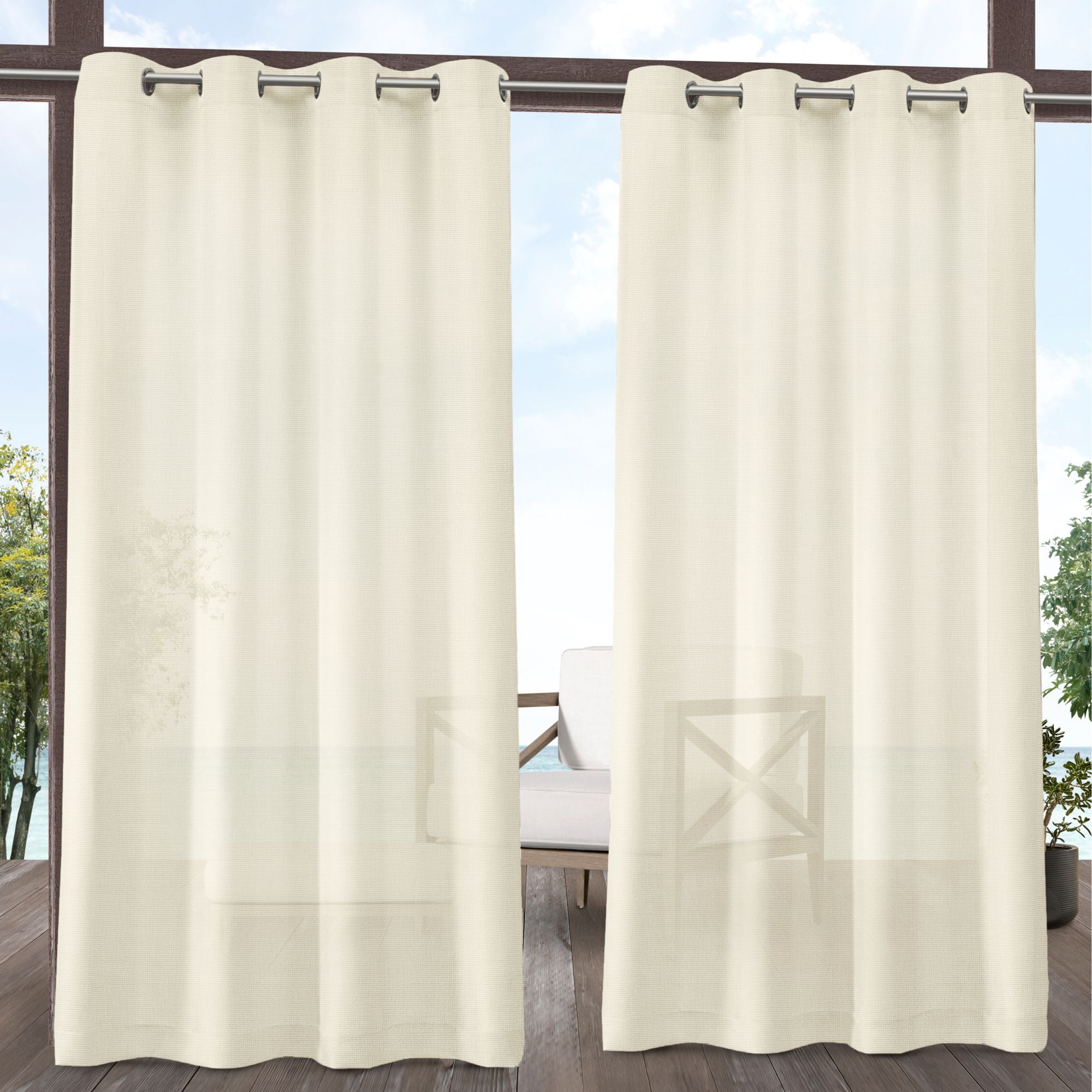 Exclusive Home Curtains Miami Semi-Sheer Textured Indoor/Outdoor Grommet Top Curtain Panel Pair, 54x96, Ivory