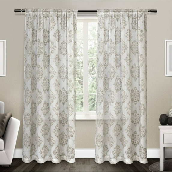 Exclusive Home Curtains Nagano Medallion Belgian Linen Rod Pocket Curtain Panel Pair, 54x84, Taupe