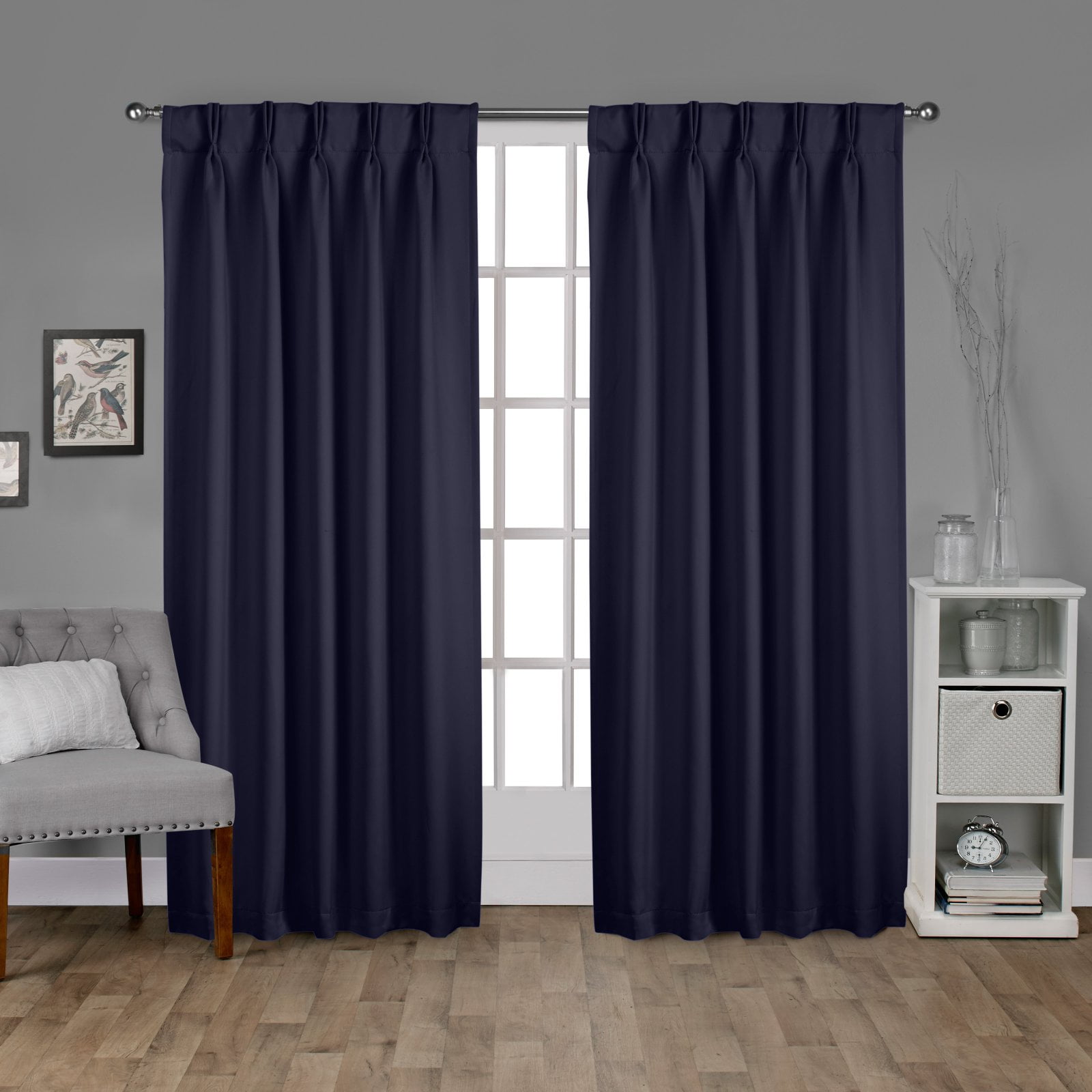 Exclusive Home Curtains Sateen Twill Woven Room Darkening Blackout Pinch Pleat Curtain Panel Pair, 84" Length, Peacoat Blue