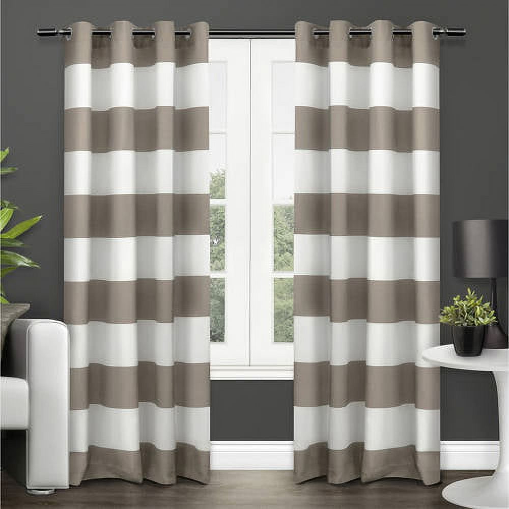 Taupe and White Cotton-Polyester Cabana Stripe Grommet Curtains