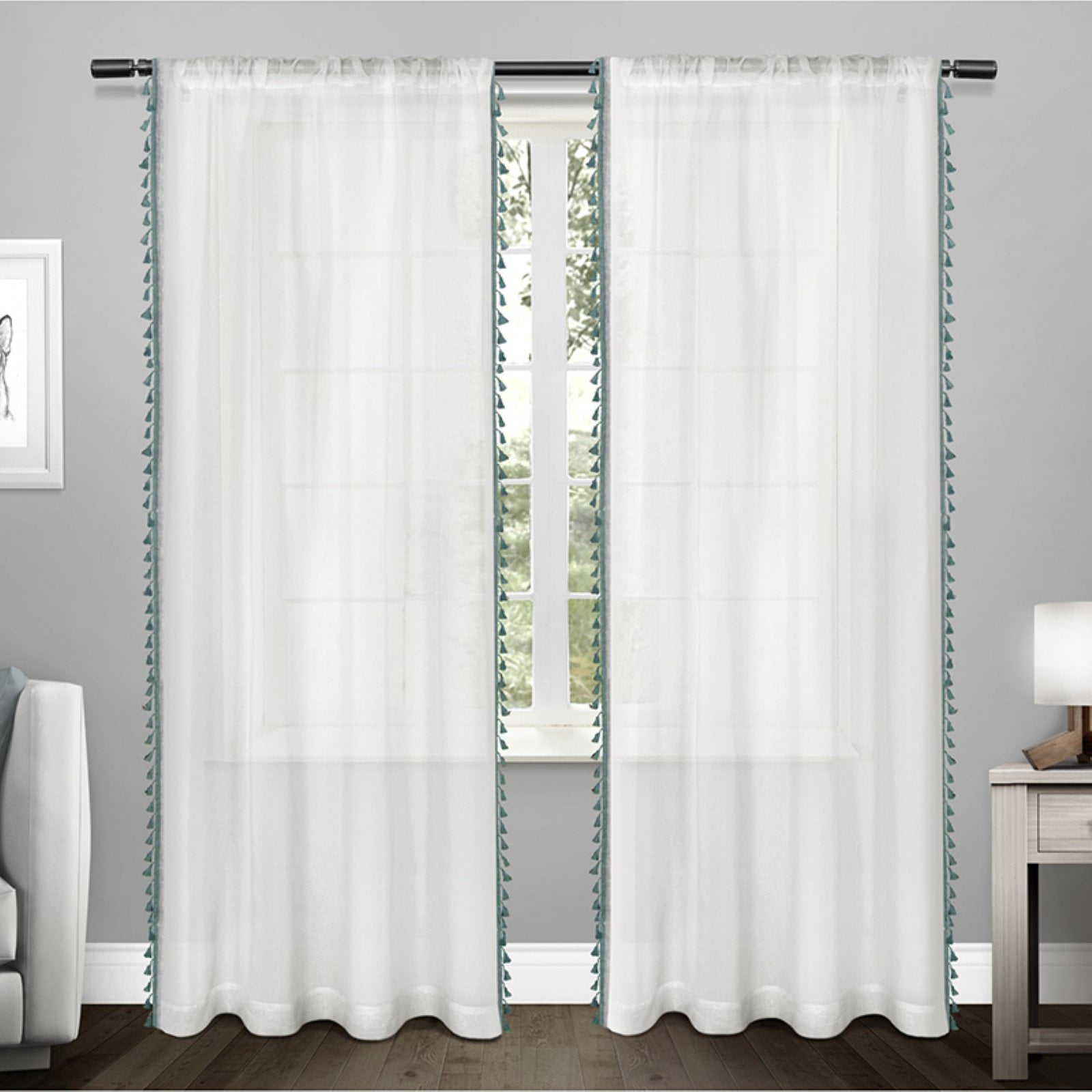 Exclusive Home Curtains Tassels Embellished Sheer Rod Pocket Curtain Panel Pair, 54x84, Teal