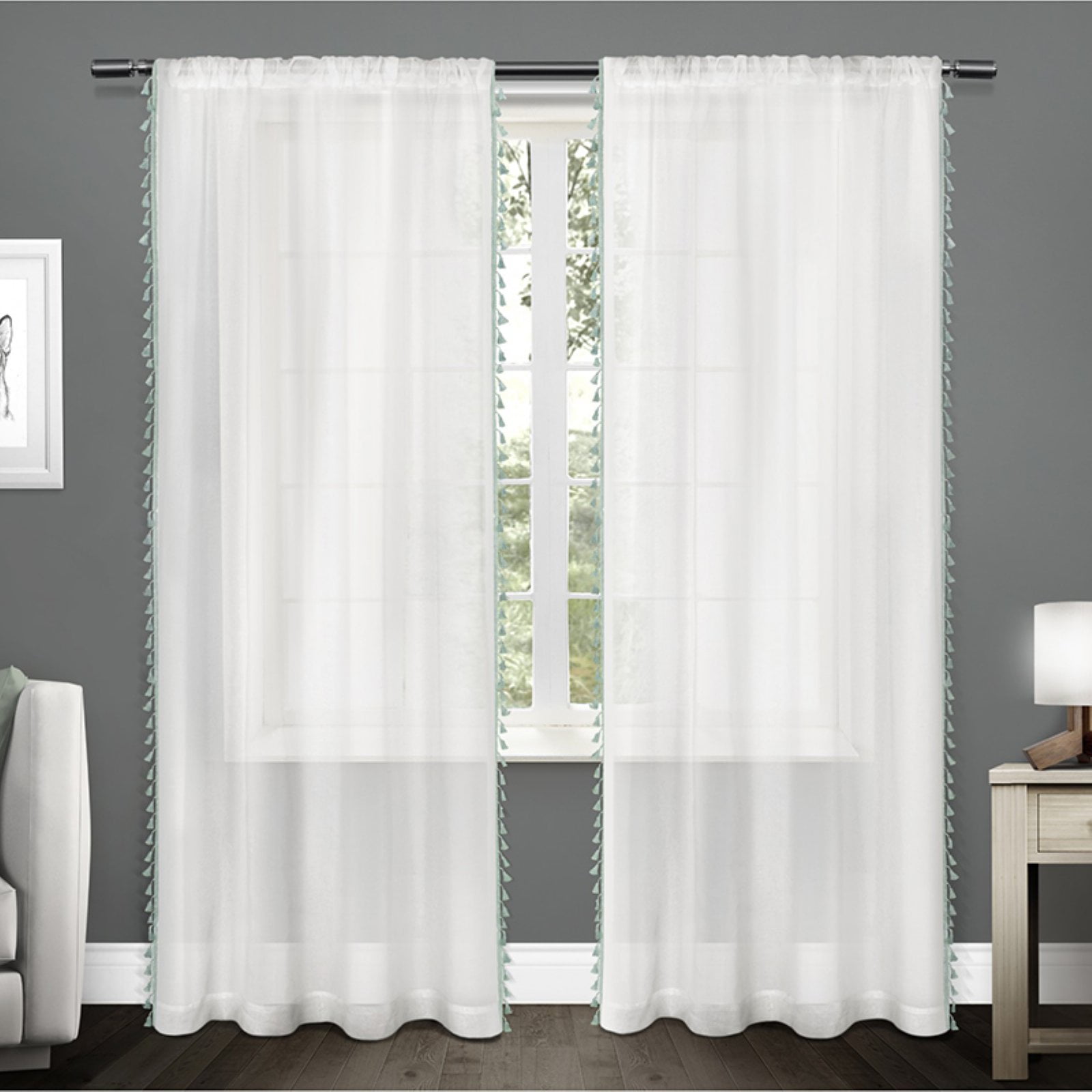 Exclusive Home Curtains Tassels Embellished Sheer Rod Pocket Curtain Panel Pair, 54x96, Seafoam