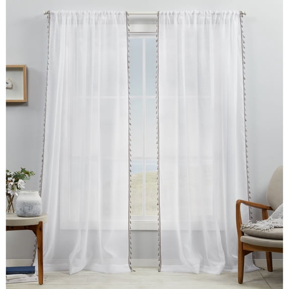 Exclusive Home Curtains Tassels Embellished Sheer Rod Pocket Curtain Panels, 54"x84", Dove Grey, Set of 2