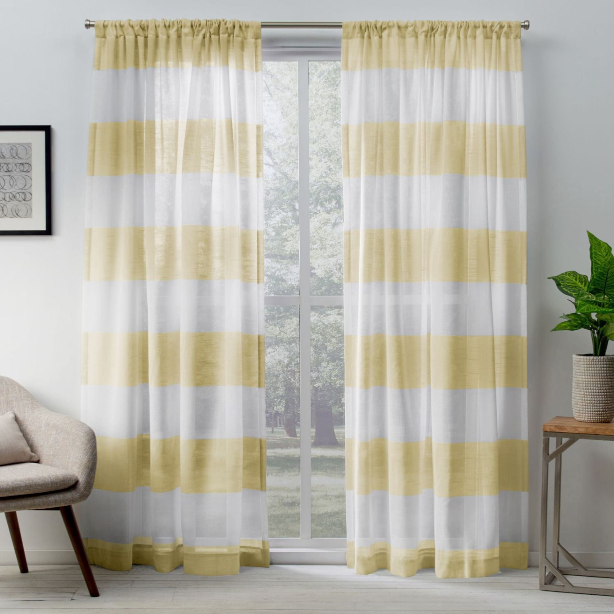 Yellow and White Sheer Linen Rod Pocket Curtain Panel Pair