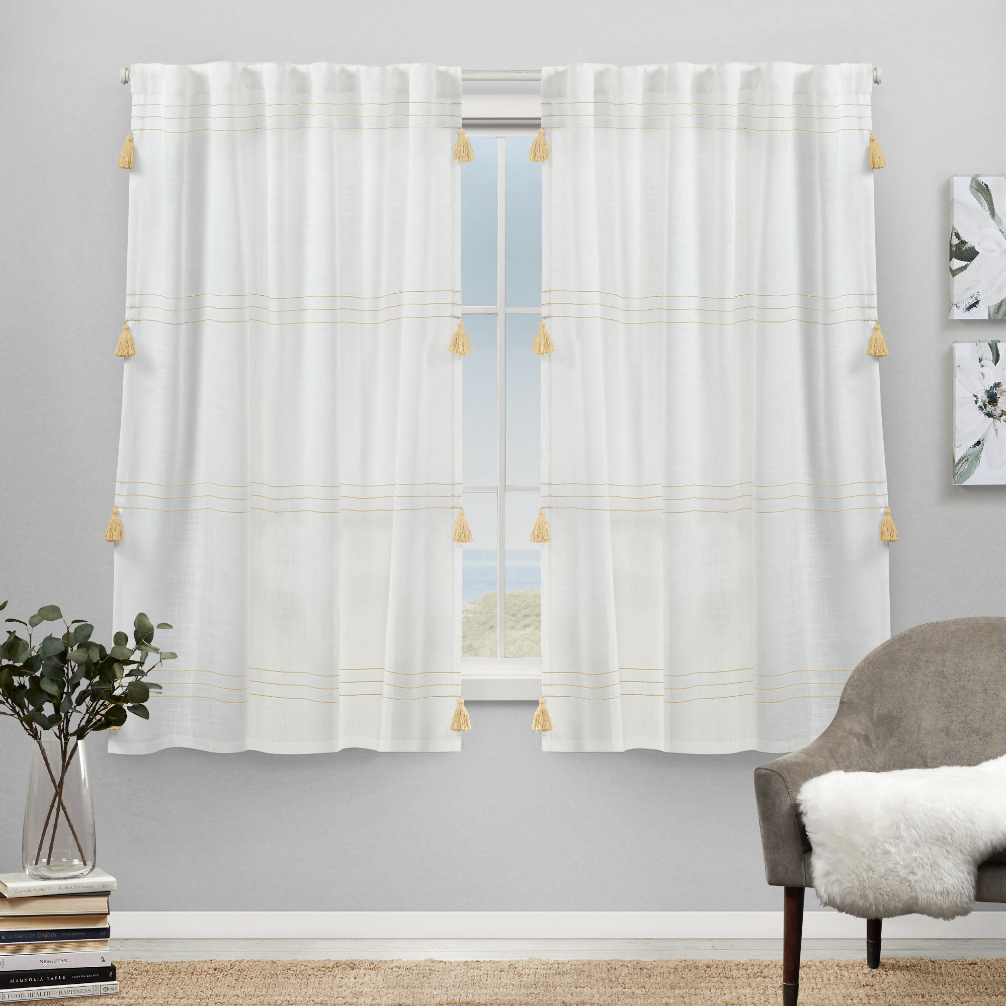 Exclusive Home Demi Light Filtering Curtains - 54x96 Inch Panel Pair, Blue Striped With Tassels