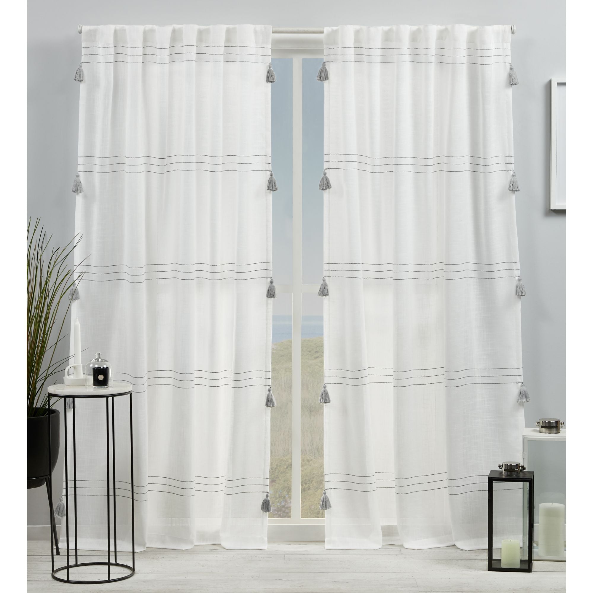 Gray Light Filtering Linen-Blend Curtain Panel with Tassels