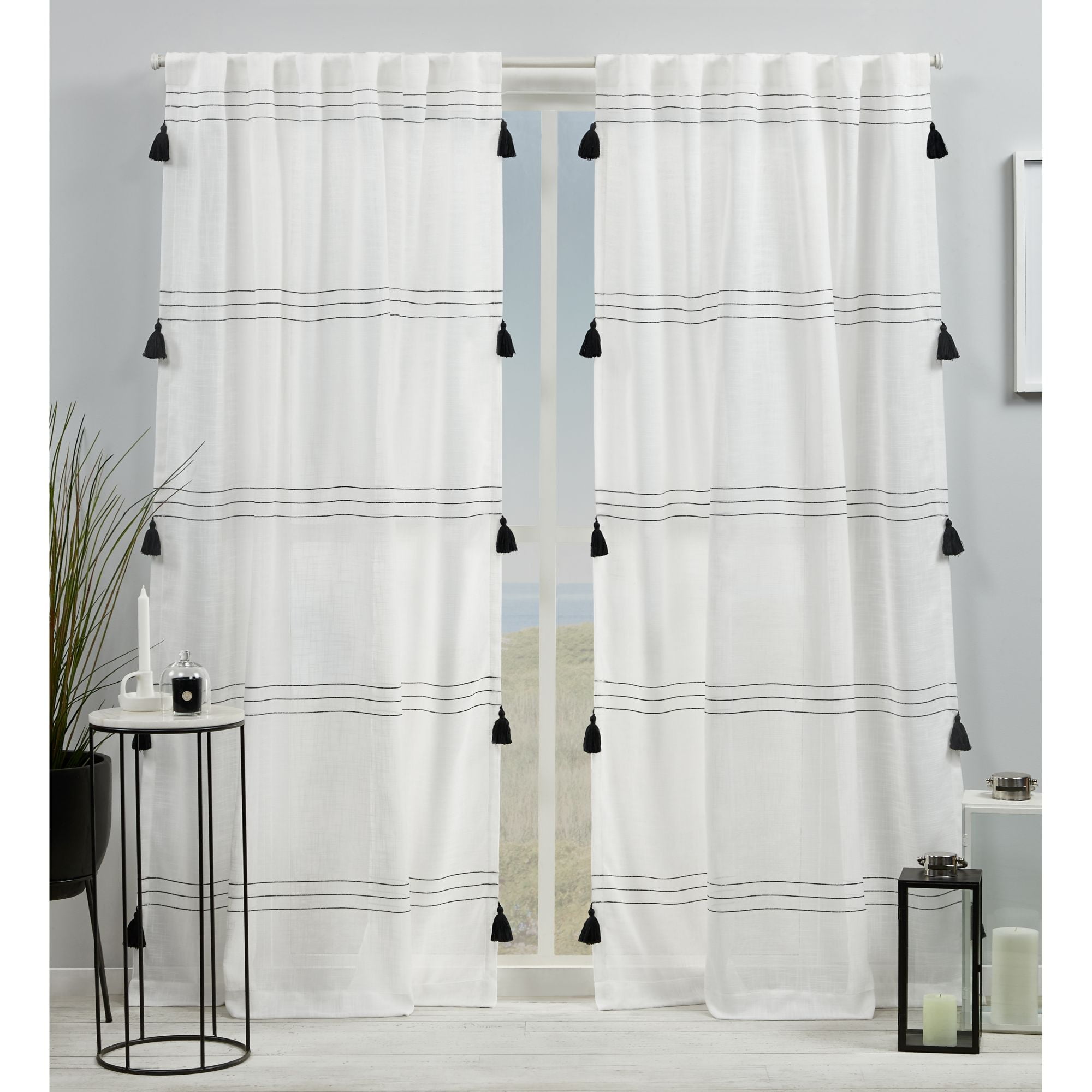 Black and White Linen Light-Filtering Pleated Curtain Panels