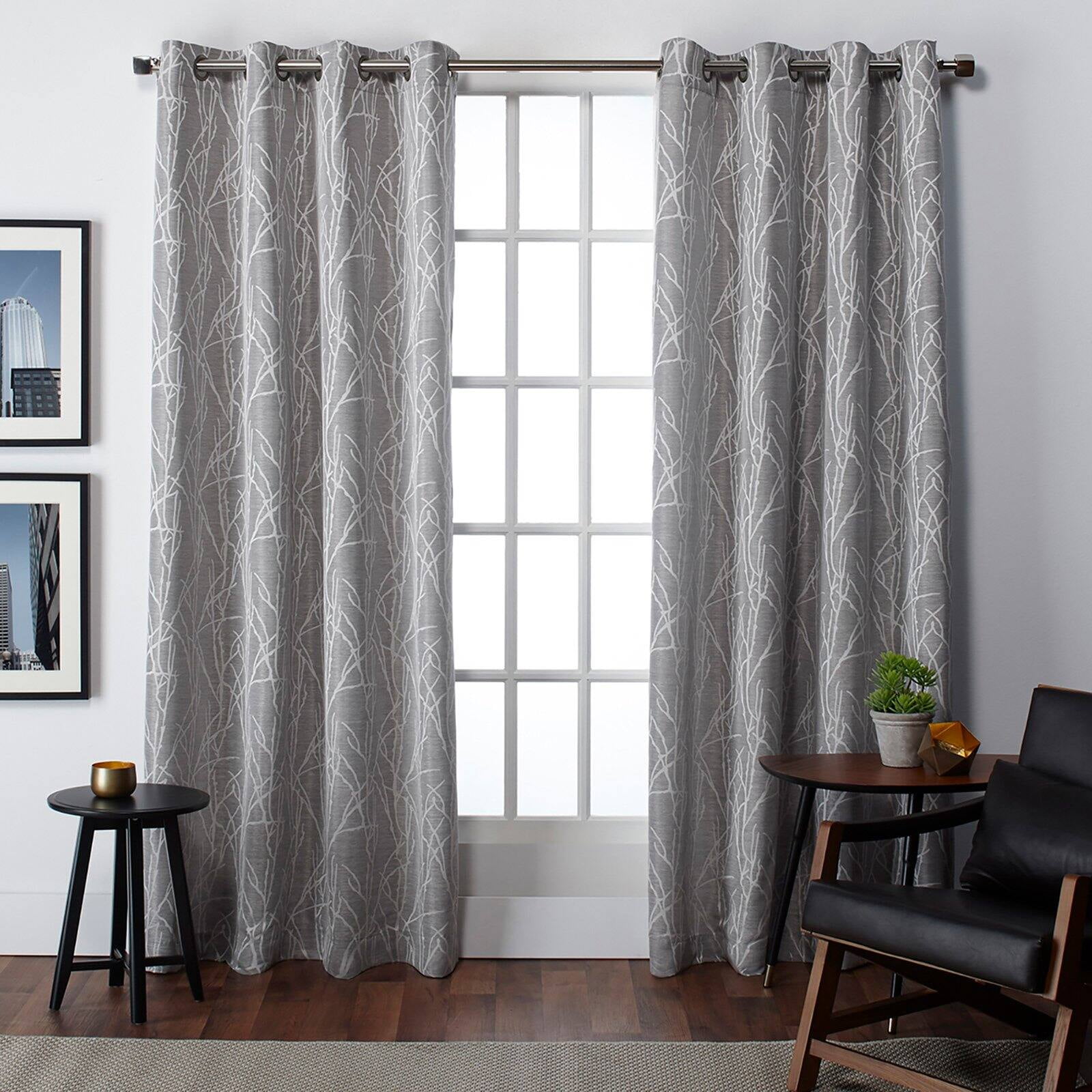 Exclusive Home Finesse Branch Print Grommet Top Curtain Panel Pair, 54"x108", Ash Grey