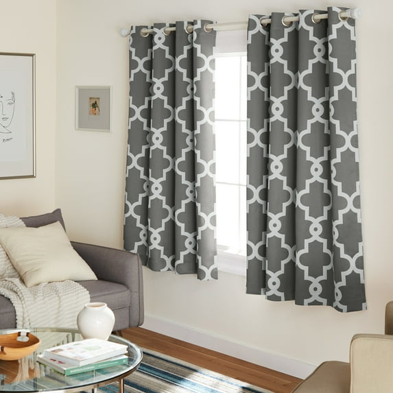 TOWN & COUNTRY EVERYDAY Ironwork Geo Trellis Sateen Indoor Curtains, Room Darkening Blackout, Grommet Top, Energy Efficient, 2-Pack Set, 52"x63", Black Pearl
