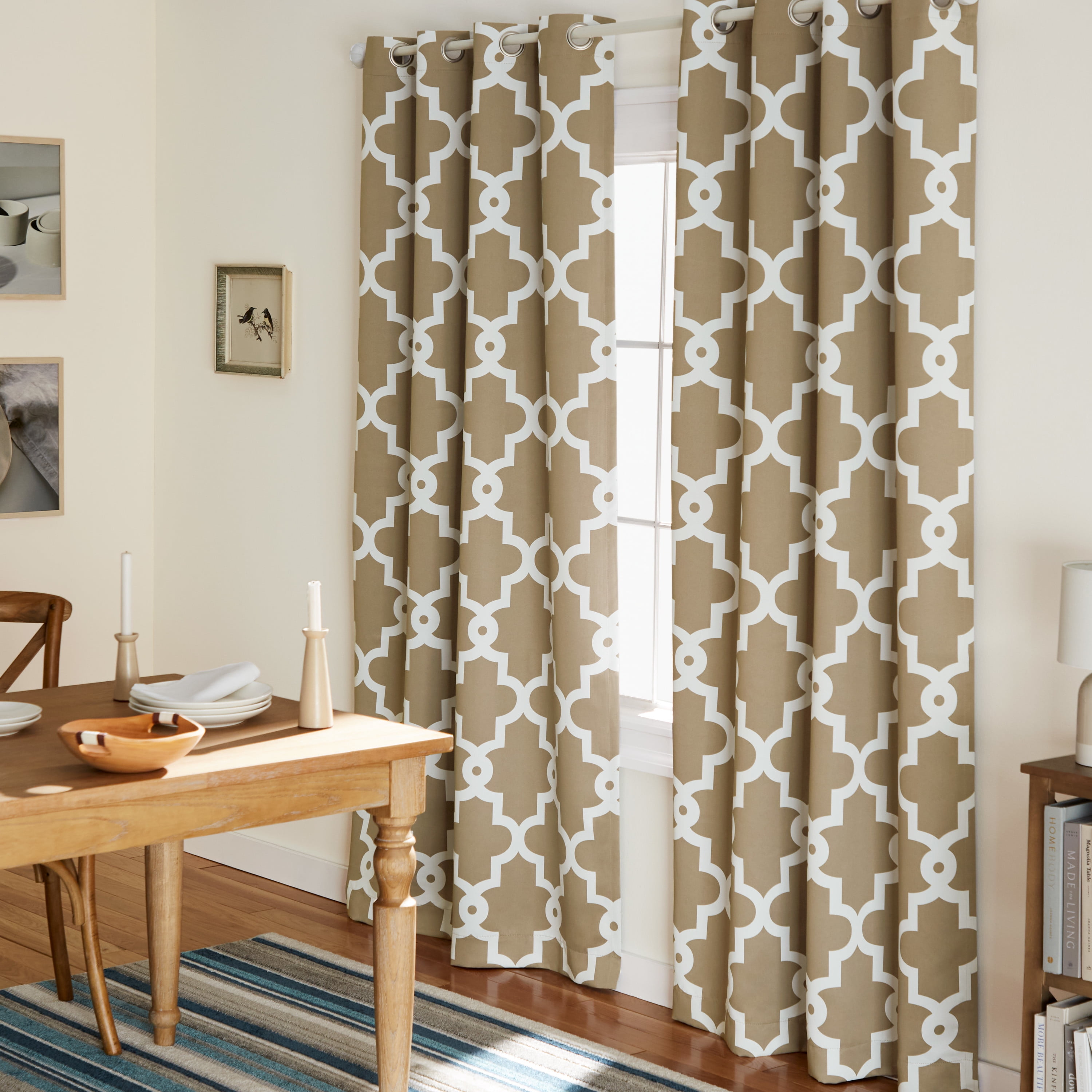 Taupe and White Polyester Blackout Grommet Curtain Panels
