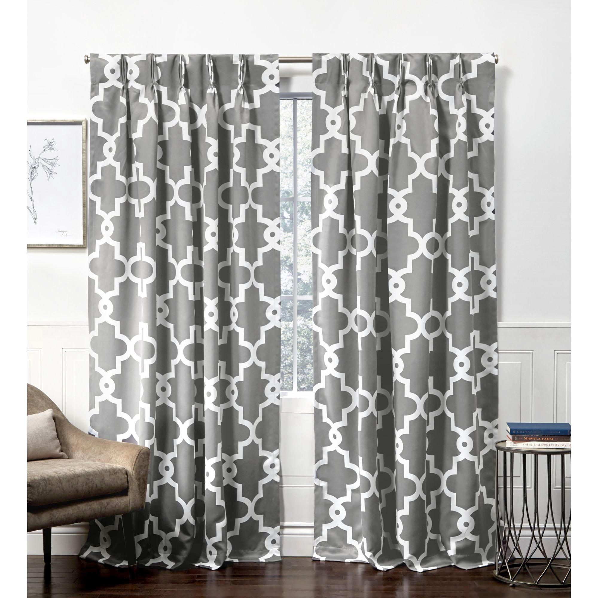 Exclusive Home Ironwork Sateen Woven Room Darkening Blackout Pinch Pleat Curtain Panel Pair, 84" Length, Black Pearl