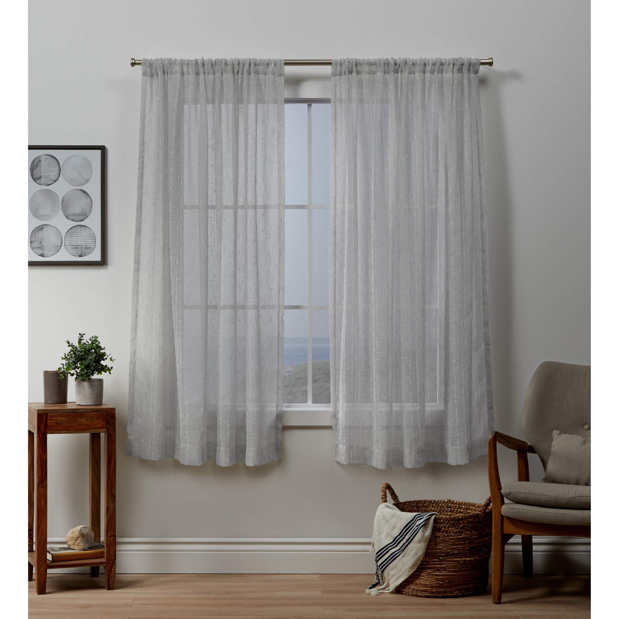 Exclusive Home Itaji Linen-Like Embellished Slub Sheer Rod Pocket Top Curtain Panel Pair, 54"x63", Silver