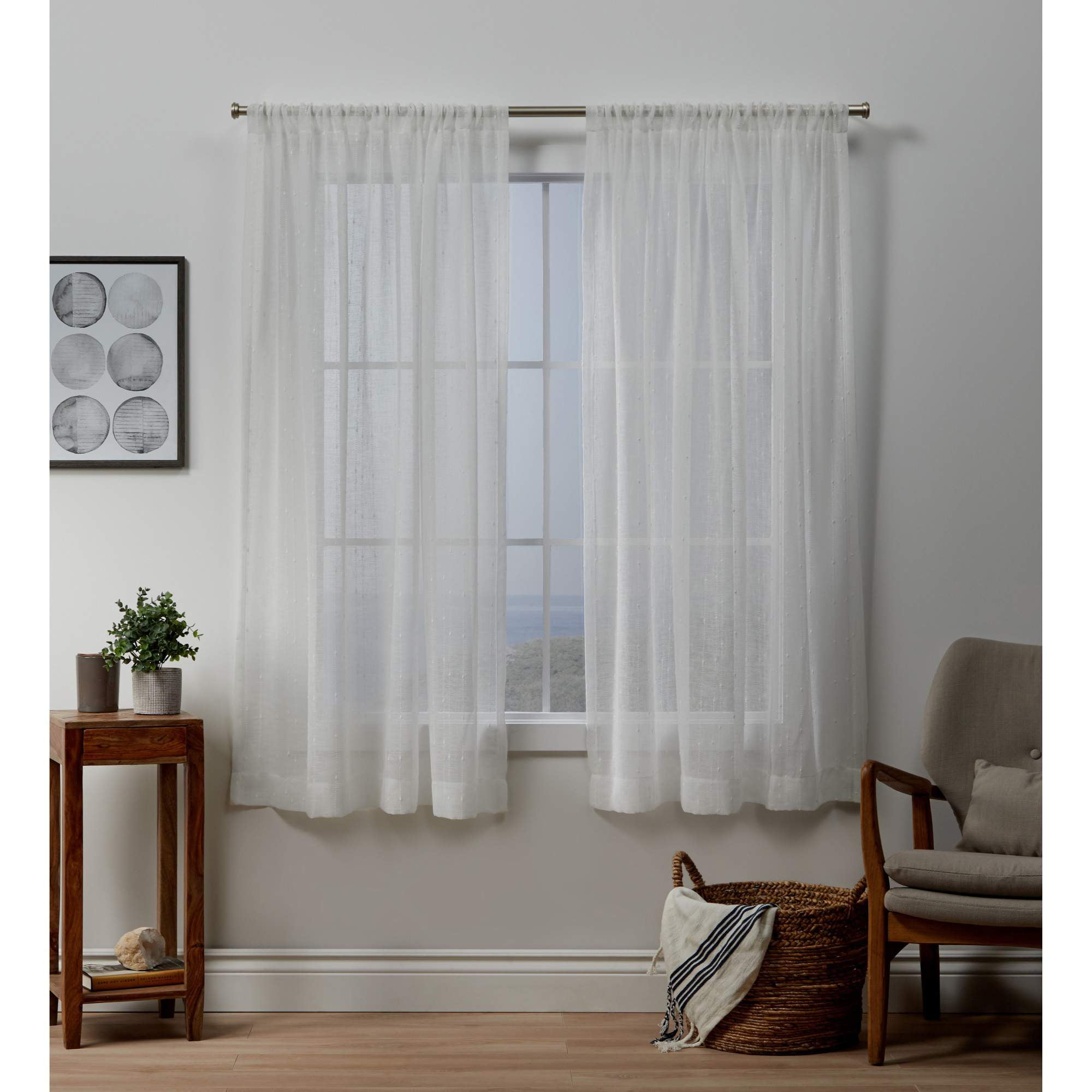Exclusive Home Itaji Linen-Like Embellished Slub Sheer Rod Pocket Top Curtain Panel Pair, 54"x63", Snowflake
