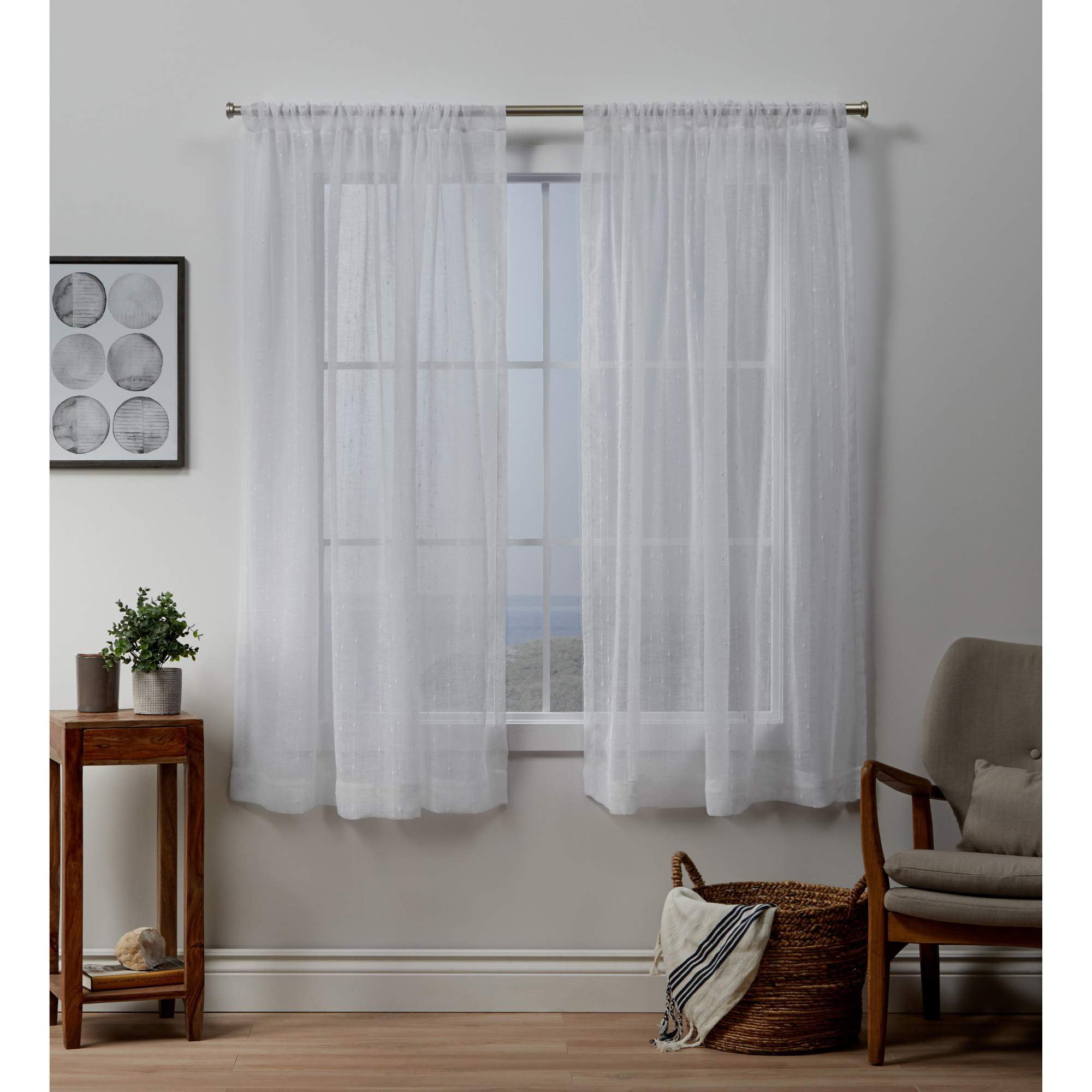Exclusive Home Itaji Linen-Like Embellished Slub Sheer Rod Pocket Top Curtain Panel Pair, 54"x84", White