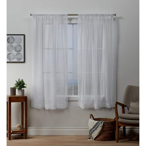 Exclusive Home Itaji Linen-Like Embellished Slub Sheer Rod Pocket Top Curtain Panel Pair, 54"x84", White
