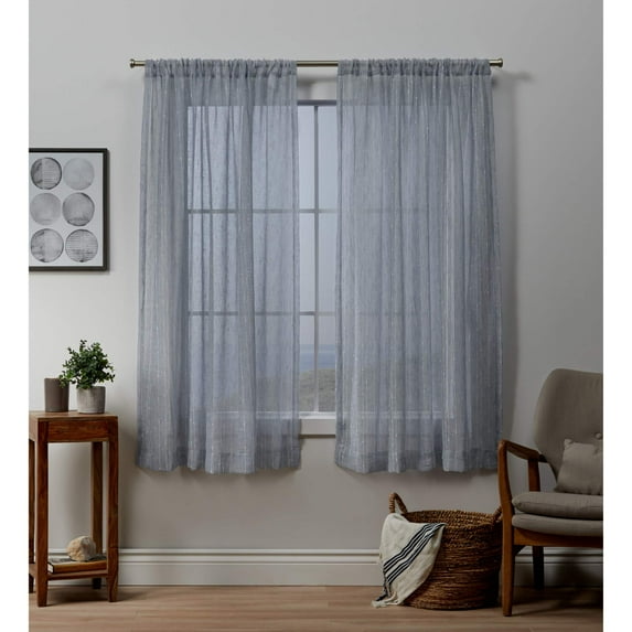 Exclusive Home Itaji Linen-Like Embellished Slub Sheer Rod Pocket Top Curtain Panel Pair, 54"x96", Melrose Blue