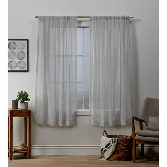 Exclusive Home Itaji Linen-Like Embellished Slub Sheer Rod Pocket Top Curtain Panel Pair, 54"x96", Silver