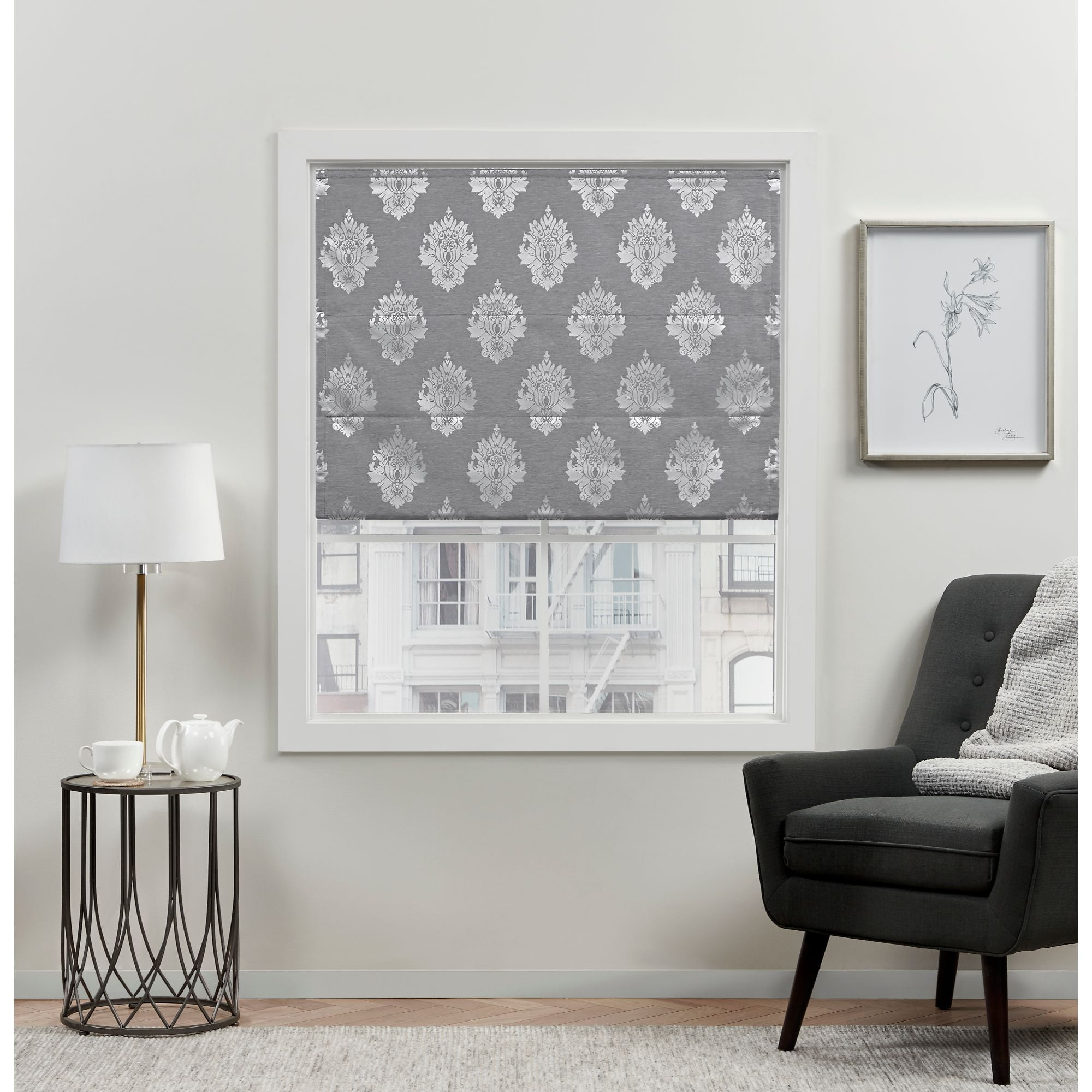 Exclusive Home Marseilles Damask 100% Blackout Roman Shade, 23"x64", Grey