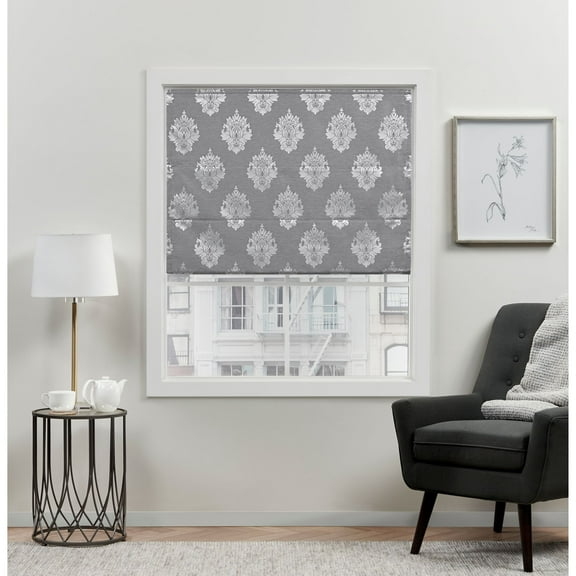 Exclusive Home Marseilles Damask 100% Blackout Roman Shade, 23"x64", Grey