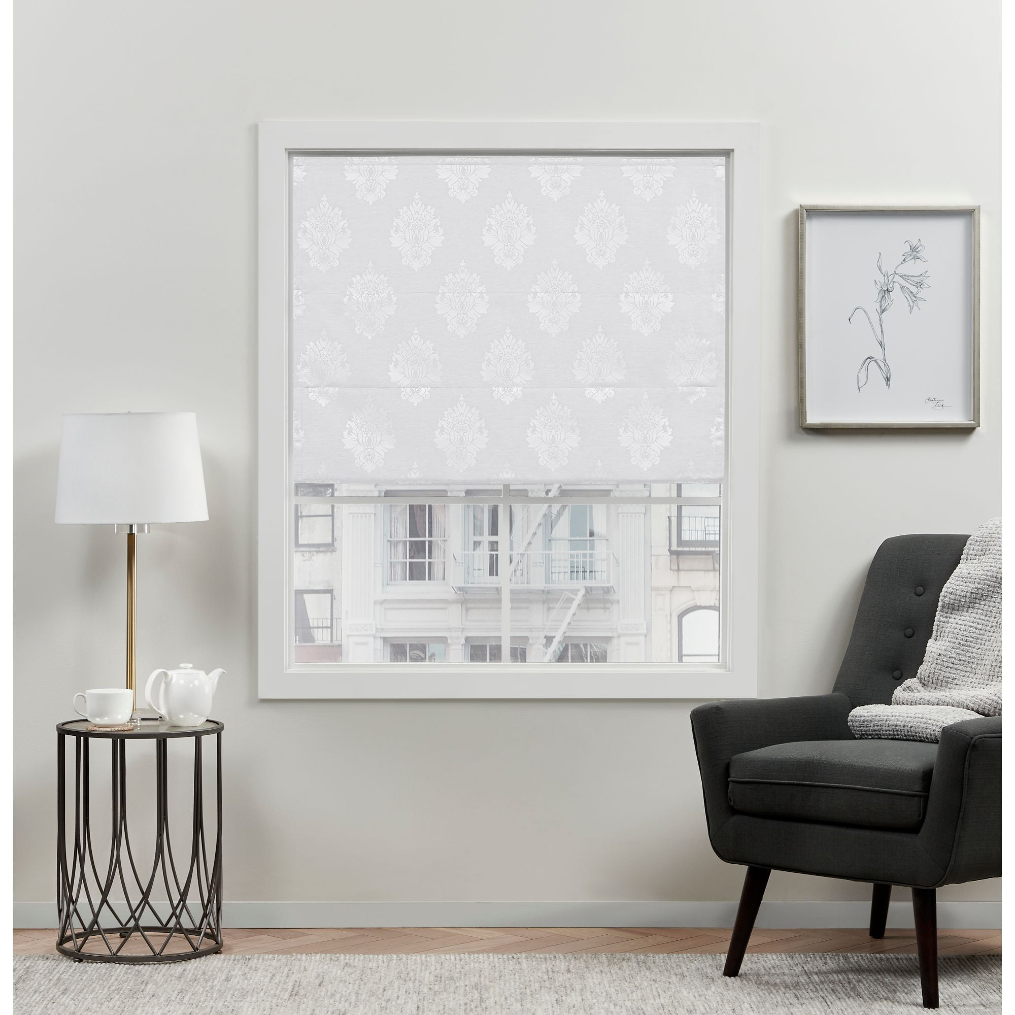 Exclusive Home Marseilles Damask 100% Blackout Roman Shade, 23"x64", White