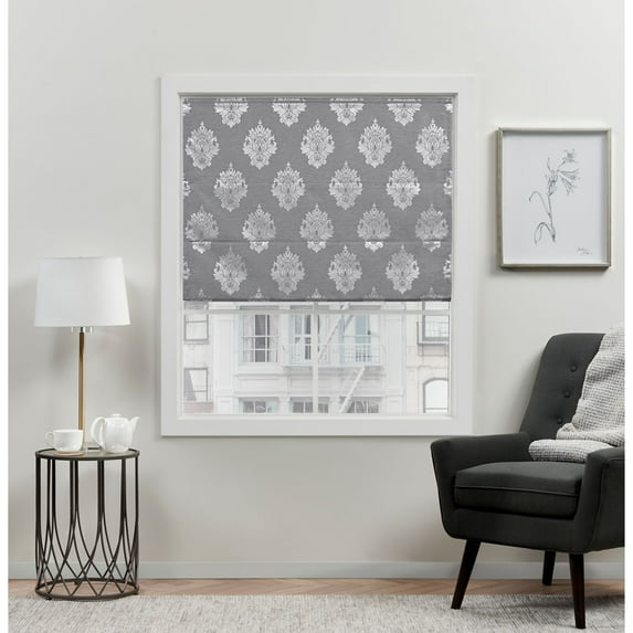 Exclusive Home Marseilles Damask 100% Blackout Roman Shade, 27"x64", Grey
