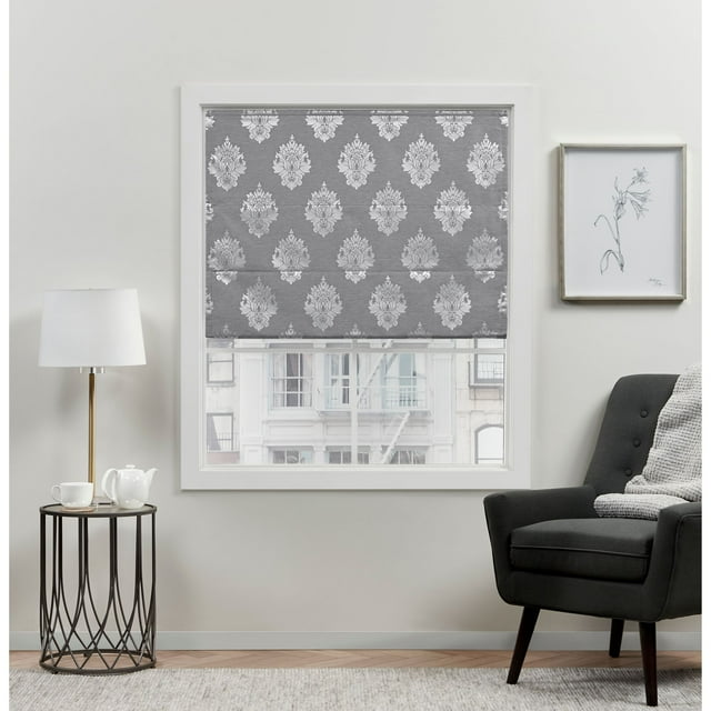 Exclusive Home Marseilles Damask 100% Blackout Roman Shade, 31"x64", Grey