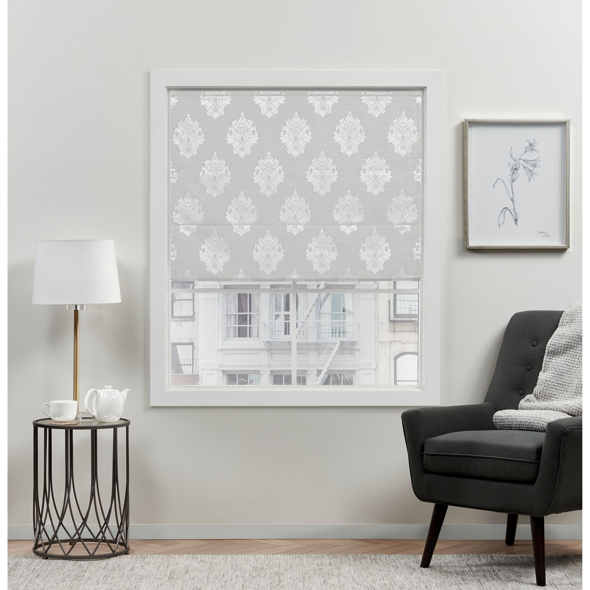Exclusive Home Marseilles Damask 100% Blackout Roman Shade, 31"x64", Silver