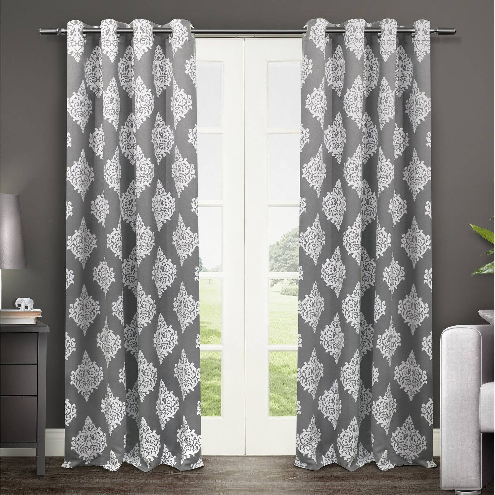 Medallion Black and Silver Polyester Room-Darkening Grommet Curtains