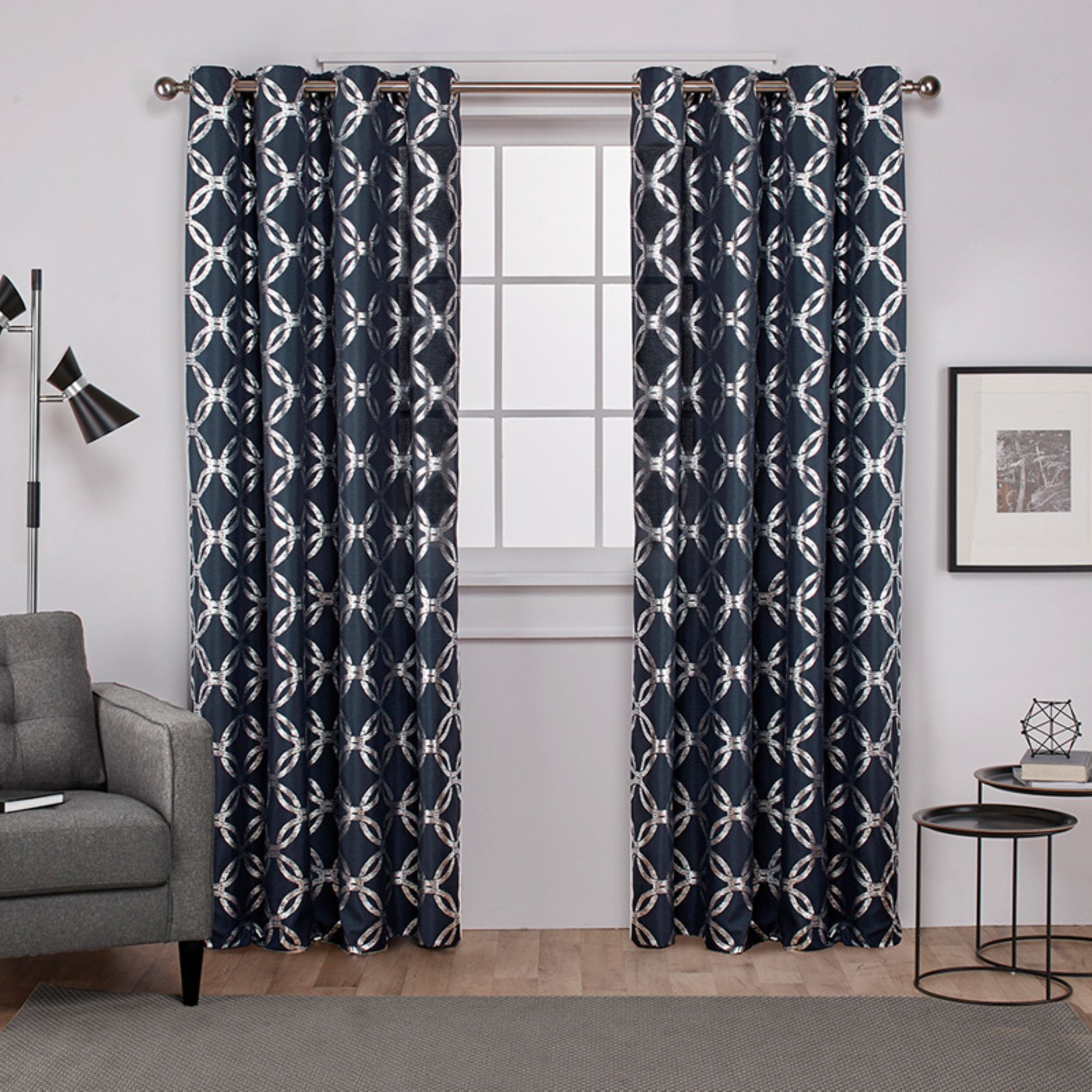 Exclusive Home Modo Metallic Geometric Grommet Top Curtain Panel Pair, 54"x108", Indigo