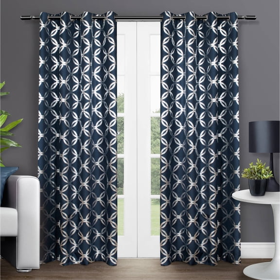 Exclusive Home Modo Metallic Geometric Grommet Top Curtain Panel Pair, 54"x84", Indigo