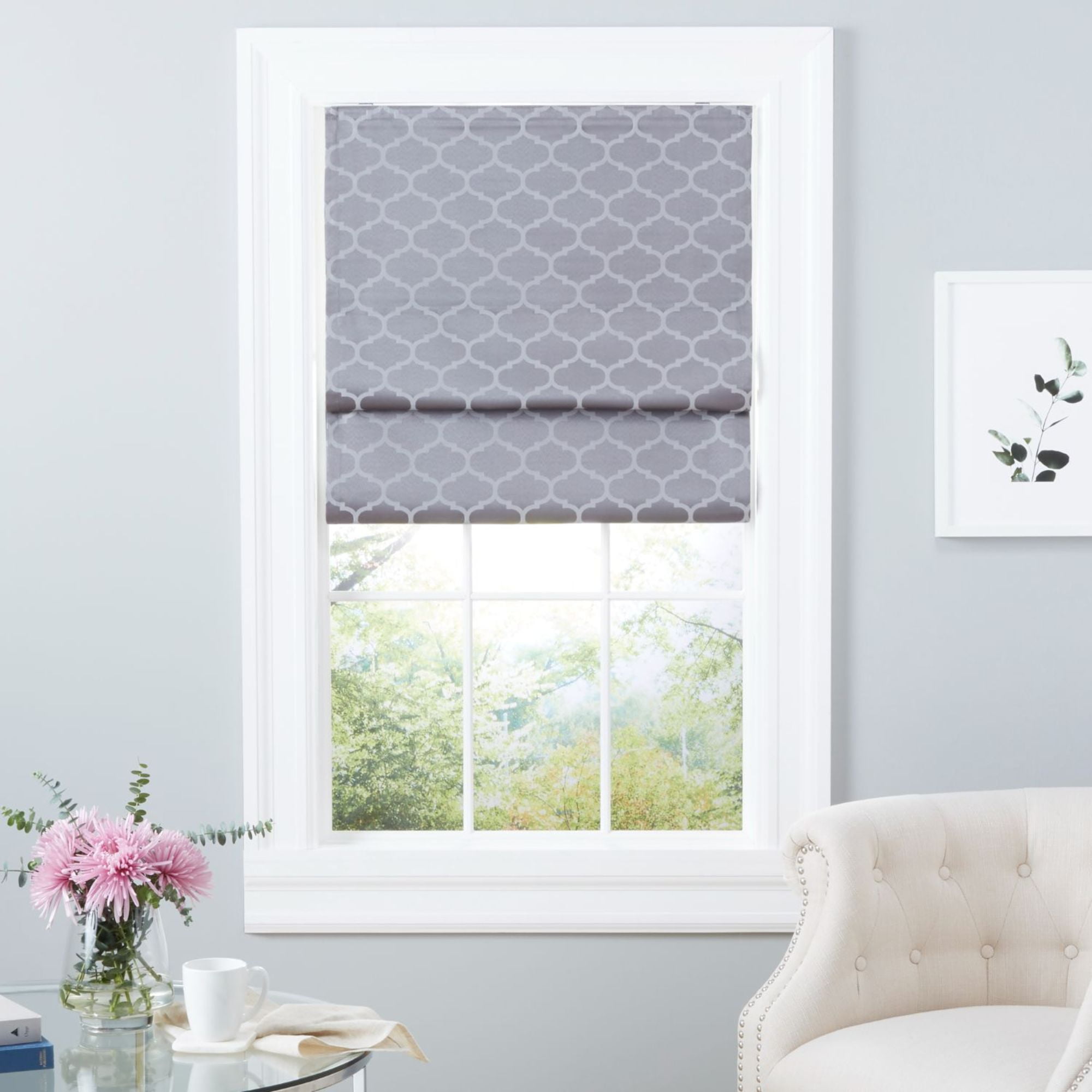Gray Trellis Pattern Cordless Blackout Roman Shade