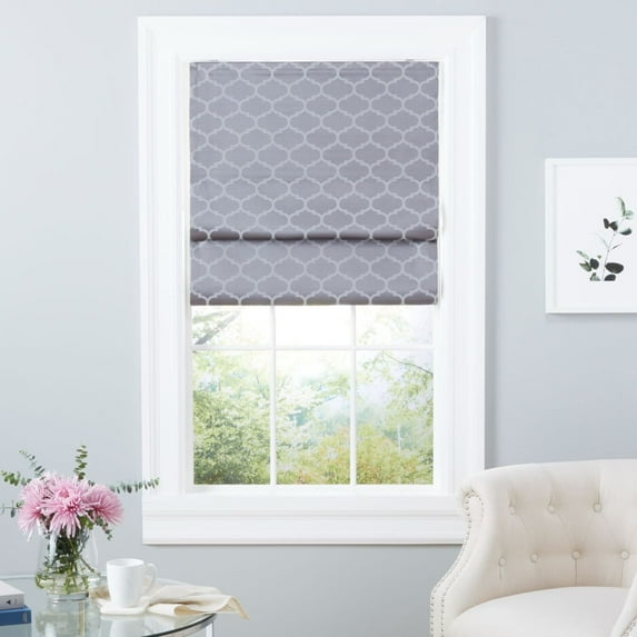 Exclusive Home Montague Trellis Total Blackout Roman Shade, 23"x64", Dark Grey