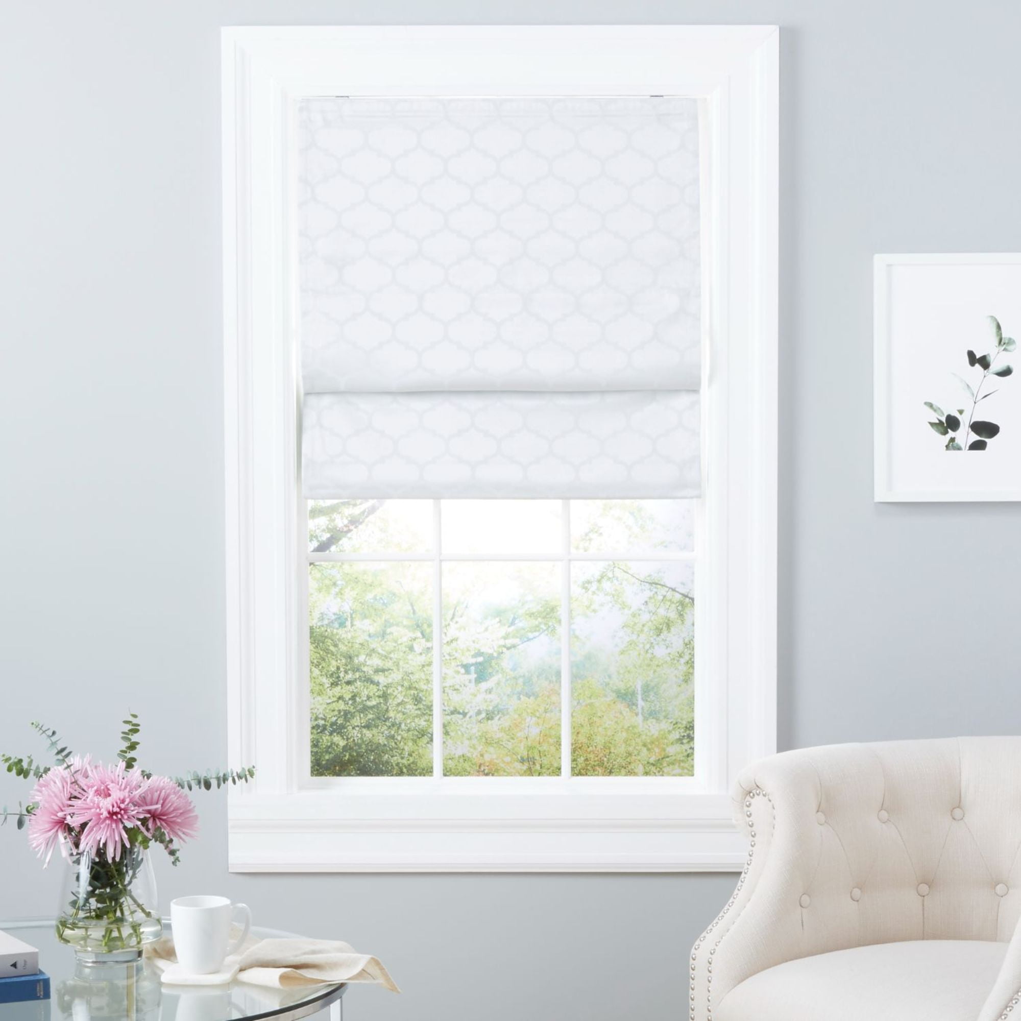 White Trellis Fabric Cordless Blackout Roman Shade