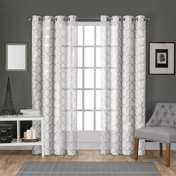 Exclusive Home Panza Metallic Geometric Print Light Filtering Semi-Sheer Grommet Top Curtain Panel Pair, 54"x84", Winter Silver