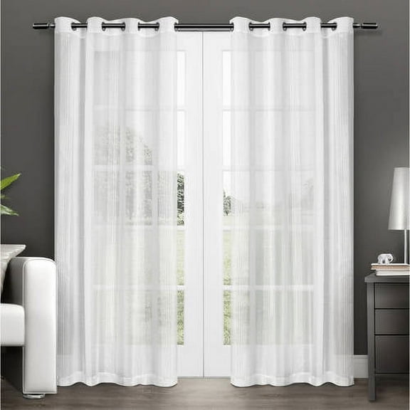 Exclusive Home Penny Sheer Embellished Stripe Grommet Top Curtain Panel Pair, 50"x108", Winter White