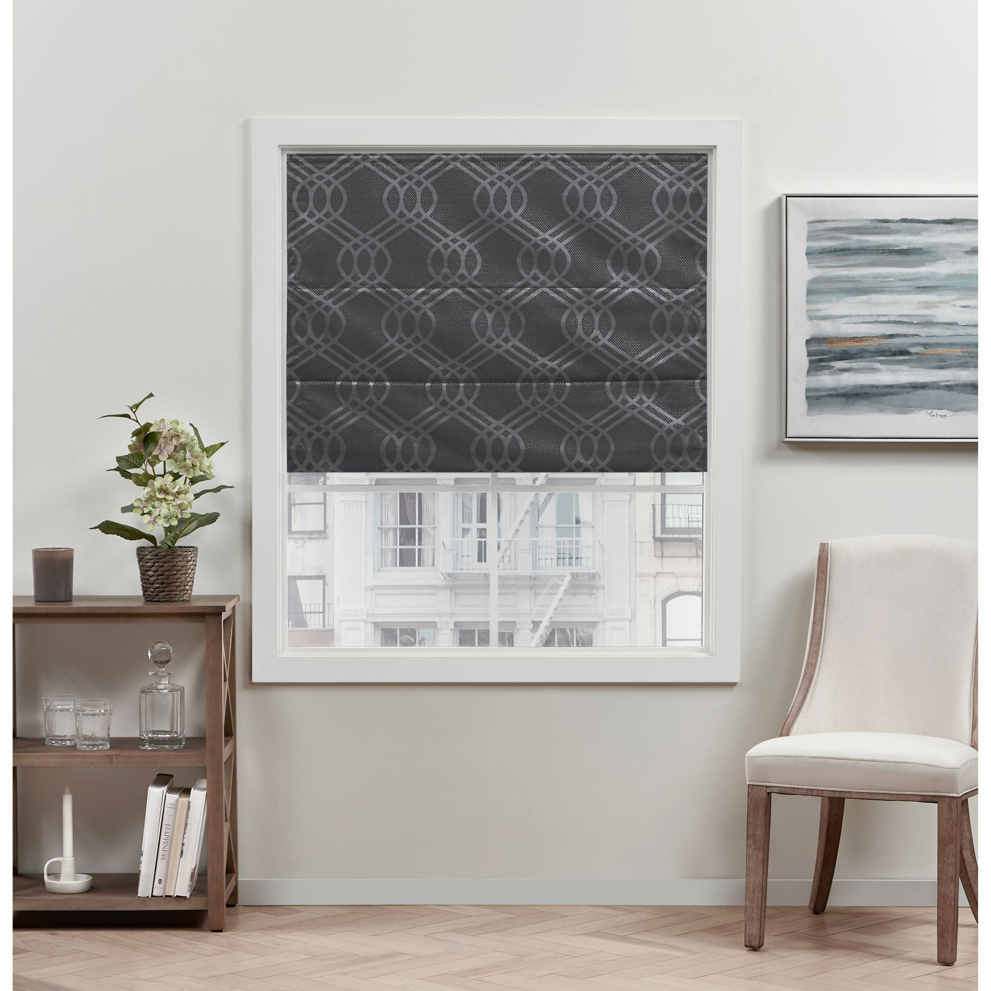 Gray Woven Jacquard Cordless Blackout Roman Shade