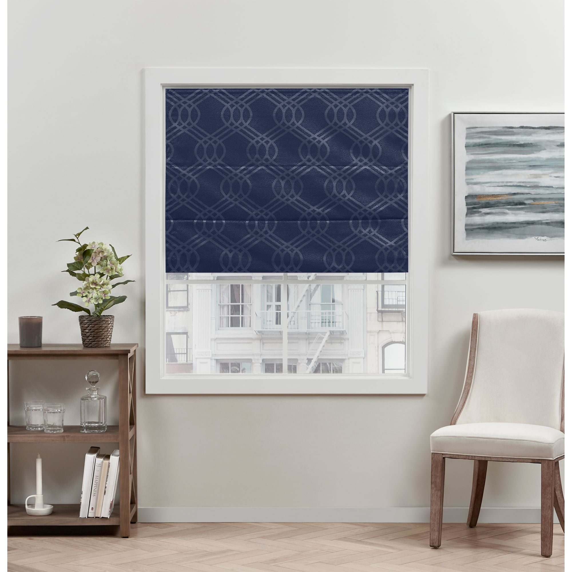 Exclusive Home Prague Trellis 100% Blackout Roman Shade, 27"x64", Navy