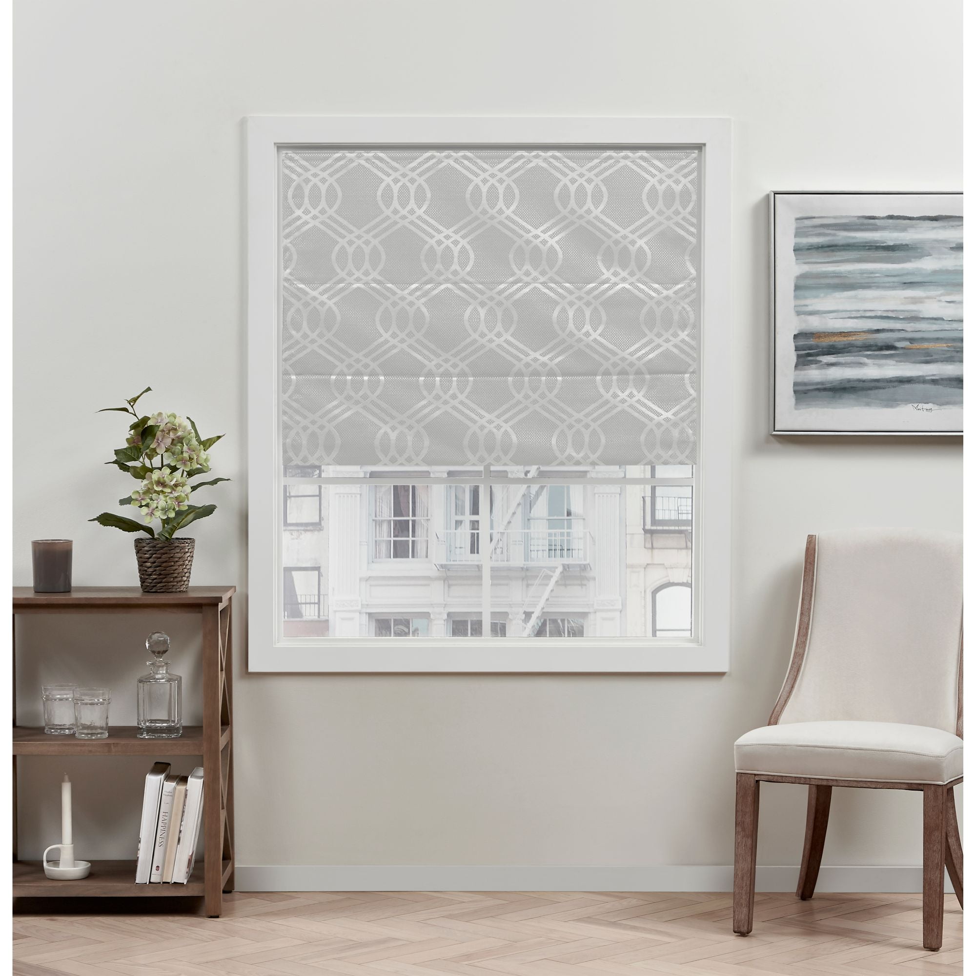 Exclusive Home Prague Trellis 100% Blackout Roman Shade, 27"x64", Silver