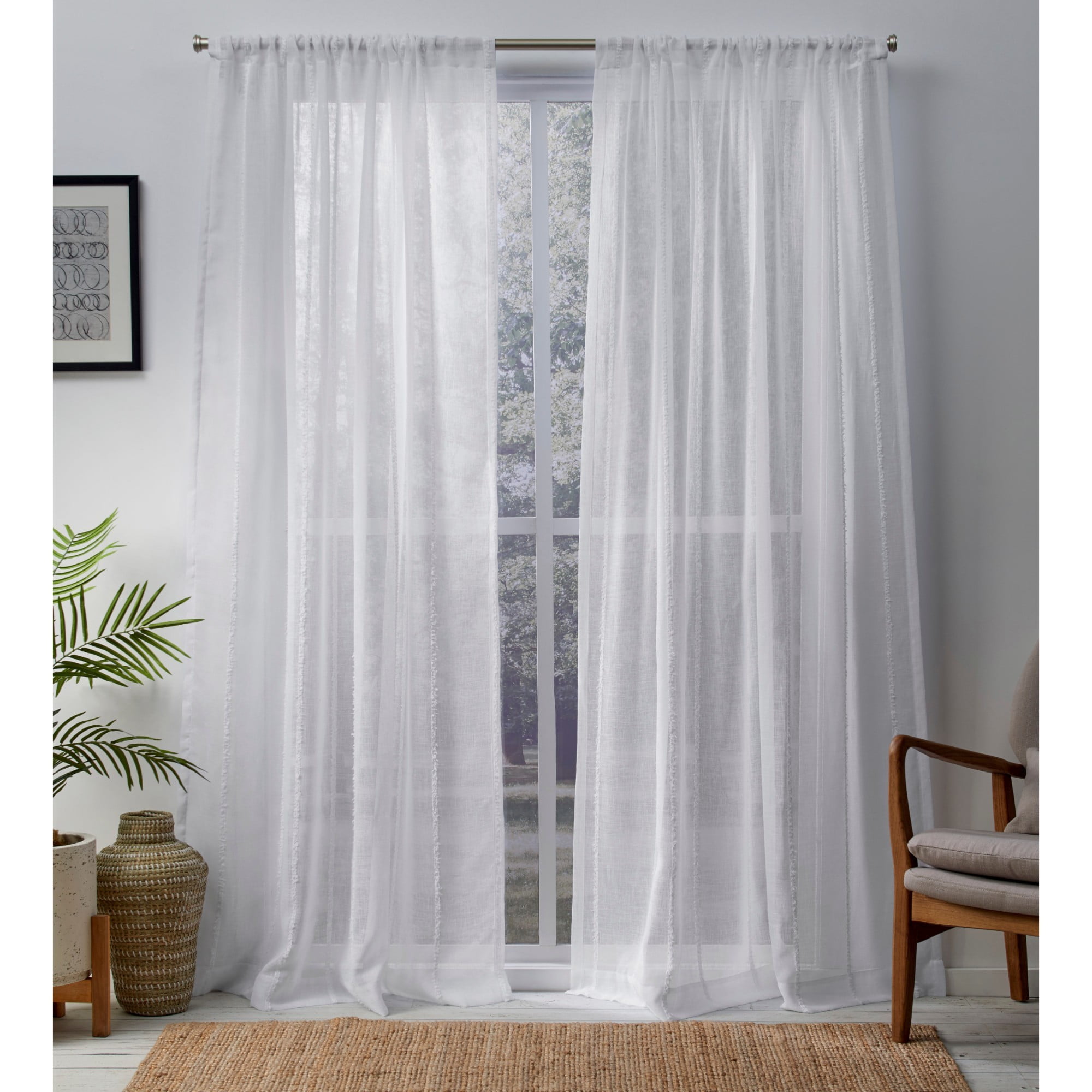 Exclusive Home Santos Embellished Stripe Sheer Linen Rod Pocket Curtain Panel Pair, 54"x108", Winter White