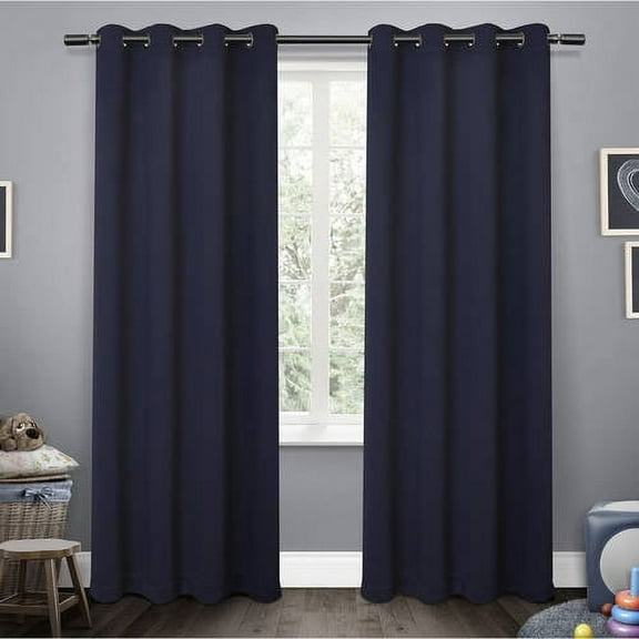 Exclusive Home Sateen Kids Twill Woven Room Darkening Blackout Grommet Top Curtain Panel Pair, 52"x84", Navy