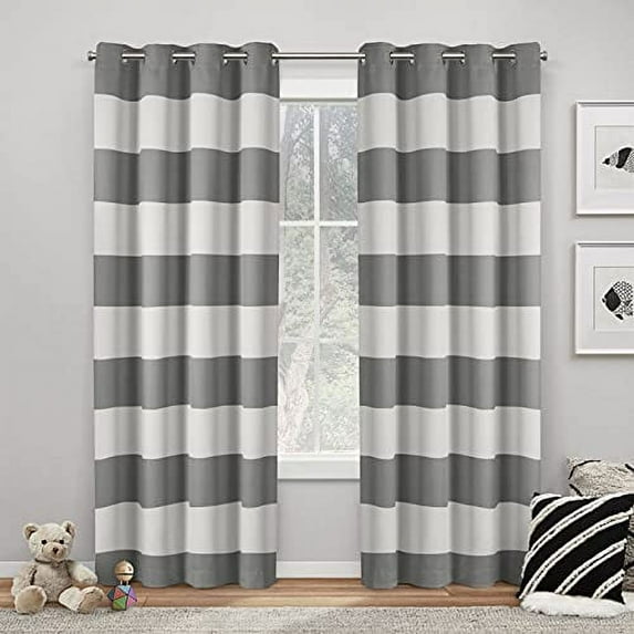 Exclusive Home Sateen Rugby Striped Kids Twill Woven Room Darkening Blackout Grommet Top Curtain Panel Pair, 52"x84", Charcoal