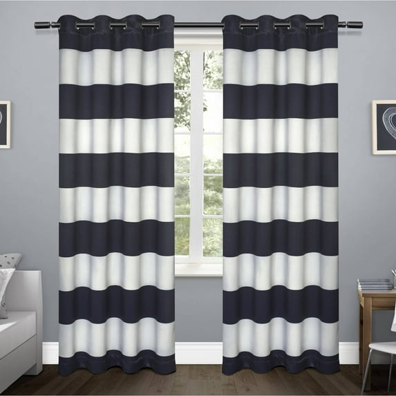 Exclusive Home Sateen Rugby Striped Kids Twill Woven Room Darkening Blackout Grommet Top Curtain Panel Pair, 52"x84", Navy