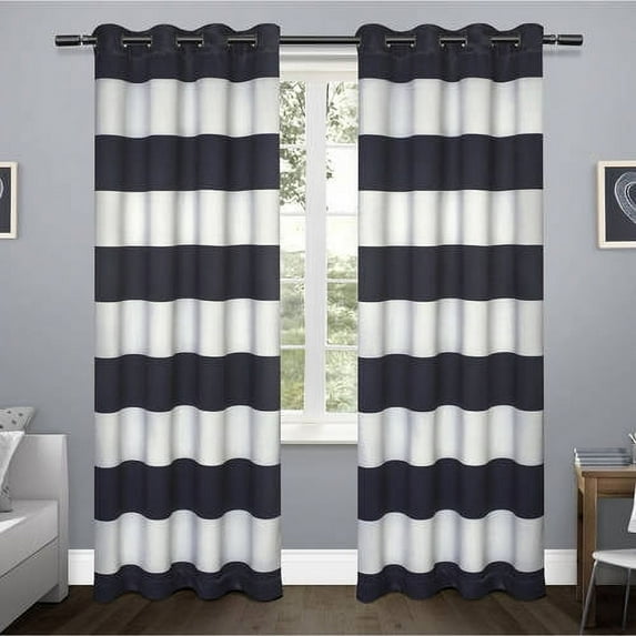 Exclusive Home Sateen Rugby Striped Kids Twill Woven Room Darkening Blackout Grommet Top Curtain Panel Pair, 52"x96", Navy